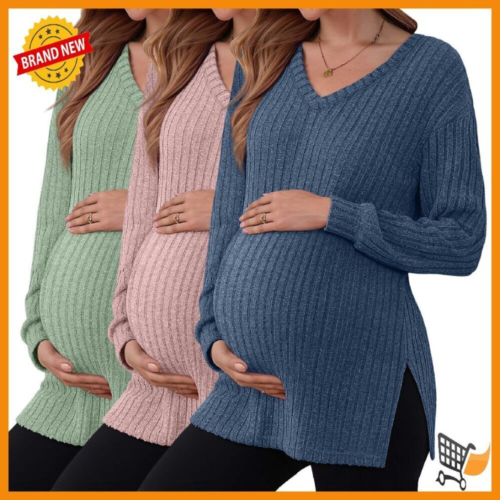Maternity Long Sleeve V-Neck Ribbed Sweater 3-Pack Loose Fit